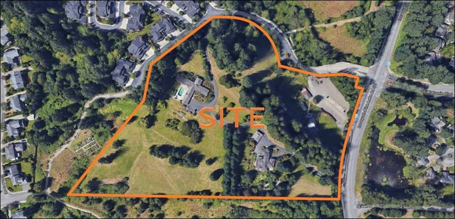aerial map indicating parcel for an elementary school project, with an irregularly shaped parcel that is currently lightly developed